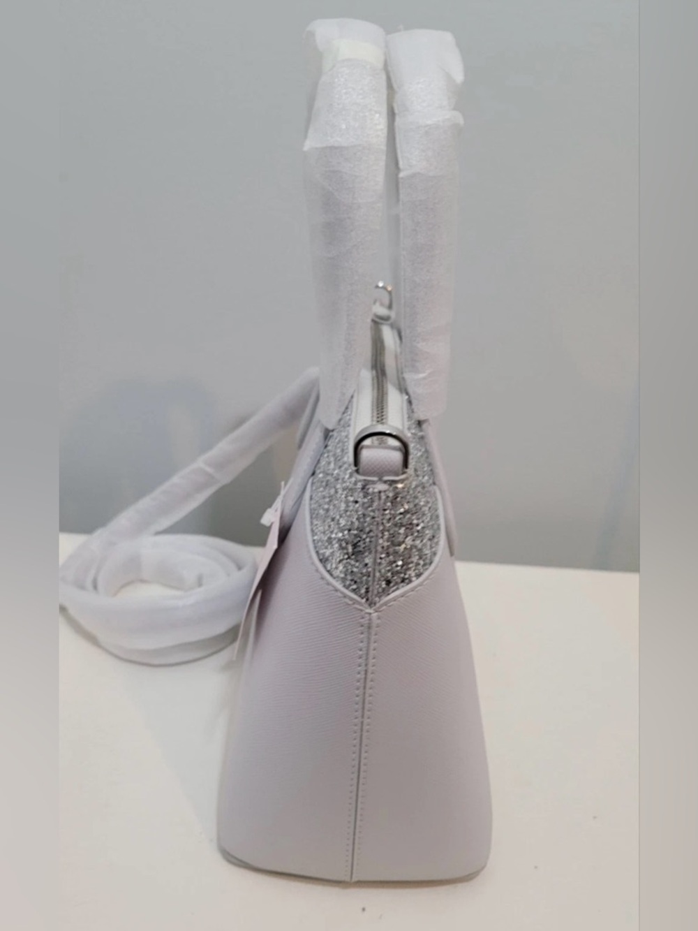 Kate Spade Flash Glitter Satchel Crossbody Bag Light Gray Silver NWT - Picture 8 of 16